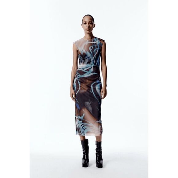 ZARA WOMAN NWT PRINTED TULLE DRESS BLUE BLACK - Picture 11 of 13